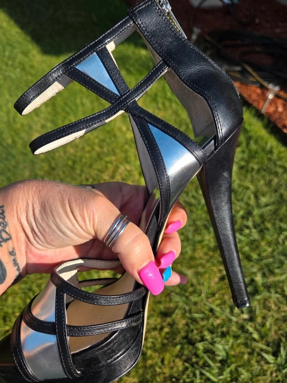 Michael Kors Black Strappy Platform Heeled Sandals with Silver Footbed